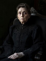 Portrait of Older Woman in Black Old-Fashioned Gown Seated in a Fine Chair