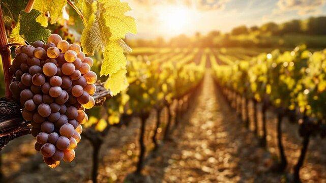 Close-up of grapes on vine in vineyard at sunset, winery, winemaking, harvest, autumn, fall