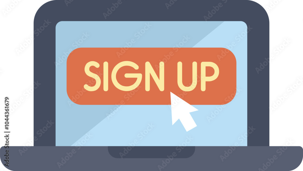Poster simple flat illustration of a laptop showing a sign up button with a mouse cursor clicking on it