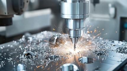 A close-up of a CNC machine cutting metal, producing sparks and metal shavings.