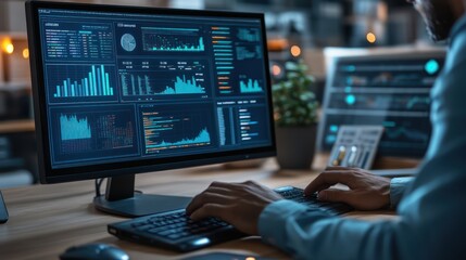 A person analyzing data on multiple screens in a modern workspace.
