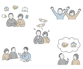 シニア夫婦のお金、資産運用、老後資金についてのイラストセット