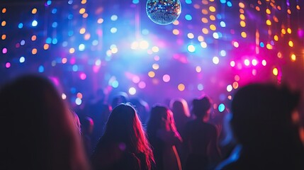 A brightly lit New Year's Eve dance floor, with partygoers dancing to music under colorful lights and a disco ball spinning overhead.
