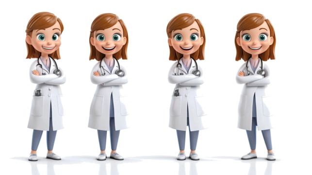 Cheerful Cartoon Female Doctors on White Background Generative AI