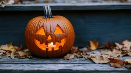 A carved pumpkin with a sinister grin, placed on a porch with dried leaves scattered around. Candlelight flickers inside, casting shadows on the wooden steps.