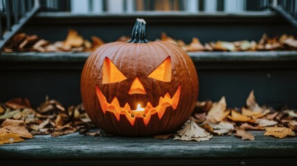 Obraz premium A carved pumpkin with a sinister grin, placed on a porch with dried leaves scattered around. Candlelight flickers inside, casting shadows on the wooden steps.