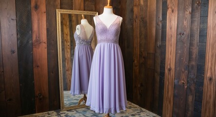 Lavender chiffon A line dress with beaded bodice and sheer overlay display on aesthethic wood wall background