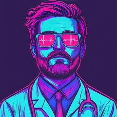 A stylized doctor wearing sunglasses with a heartbeat graphic.