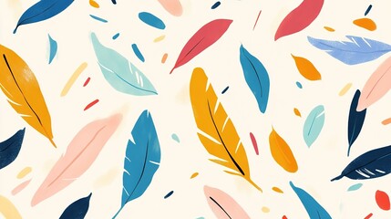 Fototapeta premium A joyful minimalist design featuring a literature theme intertwined with colorful feathers, creating a vibrant and cute repeat pattern. This artwork harmoniously blends simplicity with lively colors, 