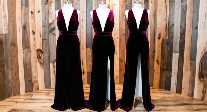 Purple velvet maxi dress with deep V neck and high slit display on aesthethic wood wall background