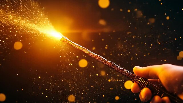Magic Wand Casting Spell with Sparks, glow, light, dark background, fantasy, sorcerer