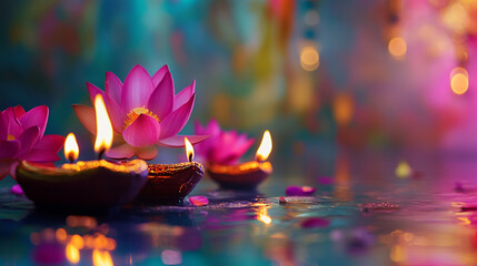 Colorful diyas and lotus flowers illuminated during Diwali celebrations at night