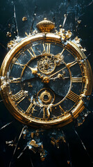Obraz premium Shattered Golden Clock Illustration - Time Broken, Luxury, Vintage, Antique, History, Decay, Ruin, Loss, Memory, Past