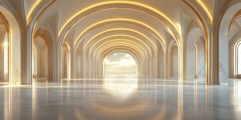 A grand, arched hallway with golden accents leading to a bright sky.