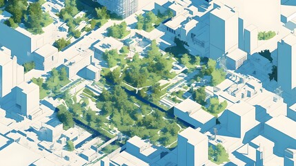 A geometric city grid with roads and parks forming a labyrinth of greenery within the urban environment, emphasizing the interaction of natural and city elements.