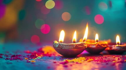 Vibrant diyas glowing during Diwali celebrations, illuminating the festive atmosphere