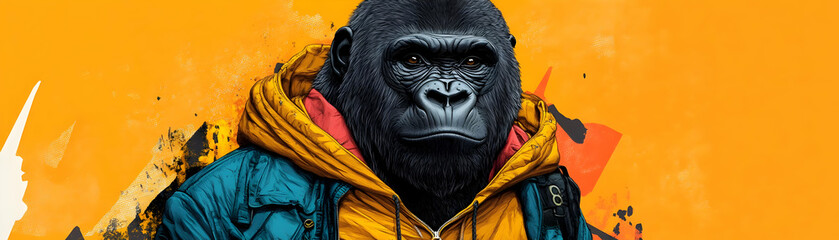 Cool Gorilla Illustration with Yellow Jacket and Orange Background