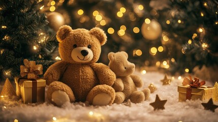 A cozy holiday scene featuring teddy bears, gifts, and festive lights.