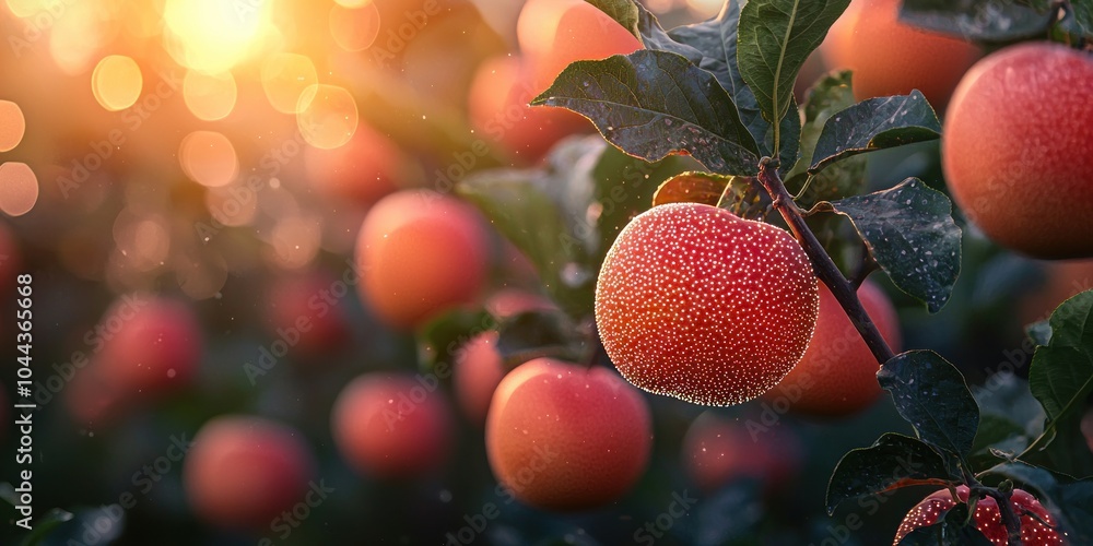 Poster dew-covered red apples on a tree branch at sunset