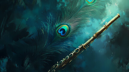Flute and a peacock feather. AI Overlord. Illustration