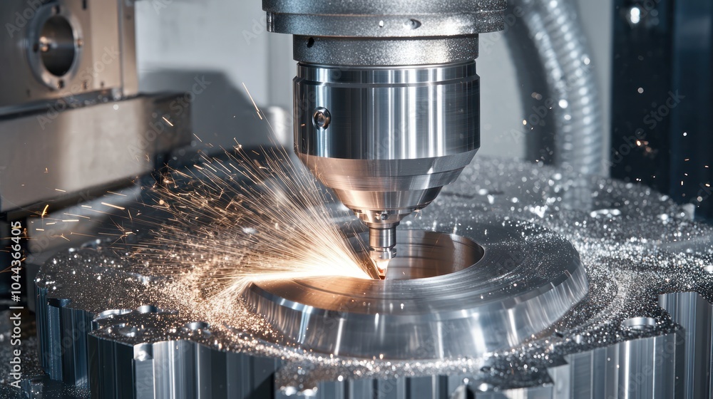 Poster a cnc machine in action, cutting metal and creating sparks in a manufacturing environment.