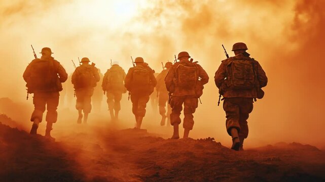 Soldiers Marching Through a Dust Storm, army, military, war, combat, battle
