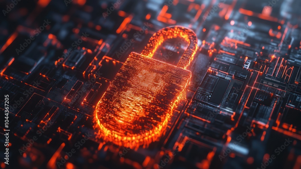 Poster a glowing digital padlock symbolizing cybersecurity and data protection.