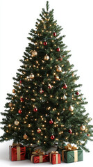 beautifully decorated Christmas tree adorned with golden and red ornaments, twinkling lights, and surrounded by colorful presents, creating festive atmosphere