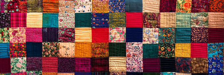 A patchwork quilt with colorful squares of fabric, generative AI