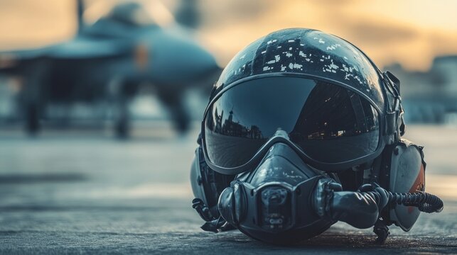 Pilot's helmet rests on the ground, with an aircraft in the background at sunset.