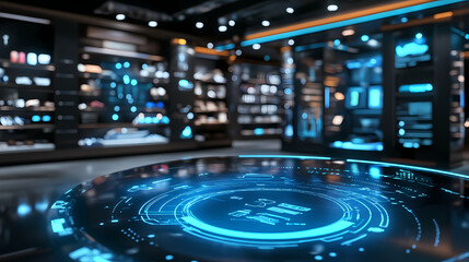 Obraz premium Futuristic digital interface with blue holographic display in modern retail store interior. Holographic Interface. Illustration