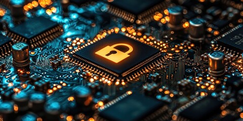 Illuminated Lock Symbol on a Circuit Board
