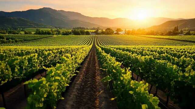Vineyard Sunset, winery, grapes, grape vines, rows, agriculture