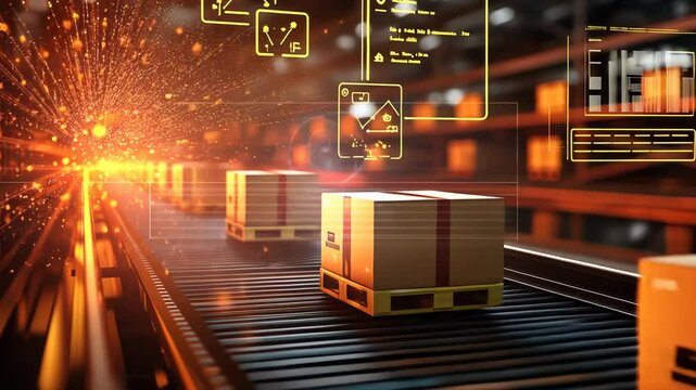 Automated Warehouse with Conveyor Belt and Digital Interface, automation, factory, industrial, manufacturing, logistics