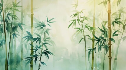 Serene bamboo forest illustration with soft colors and gentle light.