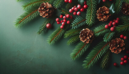 A green christmas background with pine cones and red berries on the branches. Generative AI.