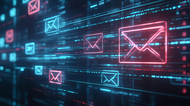 Futuristic email system with holographic interfaces and aidriven message sorting with copy space. Holographic Interface. Illustration