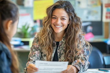 A teacher smiling as they hand a report card to a student.