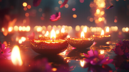 Celebrating Diwali with colorful diyas, floating flower petals, and sparkling lights in the evening