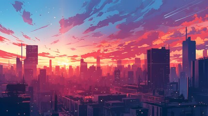 Fototapeta premium modern city skyline silhouetted against a vibrant sunset, with glowing lights beginning to dot the buildings, perfect for an urban-themed wallpaper.