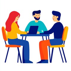 Three people collaborating at a table with a laptop.
