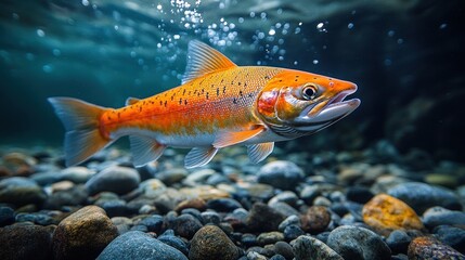 Naklejka premium A vibrant orange fish swimming among pebbles underwater.