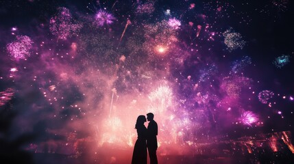 A couple silhouetted against a vibrant fireworks display, symbolizing love and celebration.