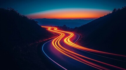 Abstract Night Scene with Light Trails on a Road