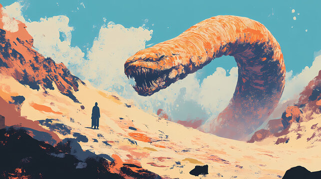 Huge sand worm, giant sandworm raising up from the desert depths, little man in black. AI Overlord. Illustration