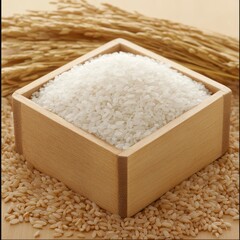 A wooden container filled with white rice, surrounded by grains of rice.