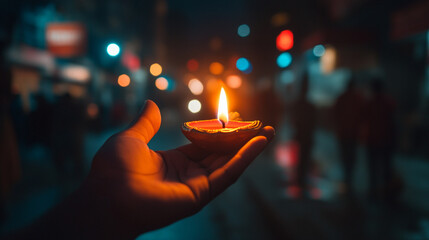 A person holds a lit Diwali diya in a festive street filled with glowing lights at night