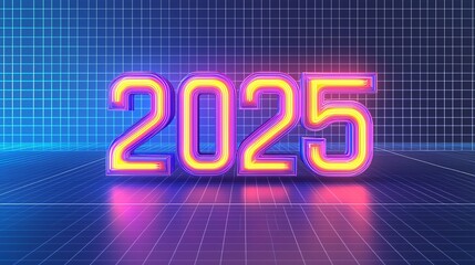 The image is a neon sign that says "2025" in bright colors