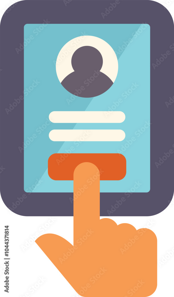 Poster hand is tapping a smartphone screen, accessing personal profile information on a sleek and modern mo