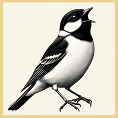 Obraz premium A detailed illustration of a singing bird with distinct black and white markings.